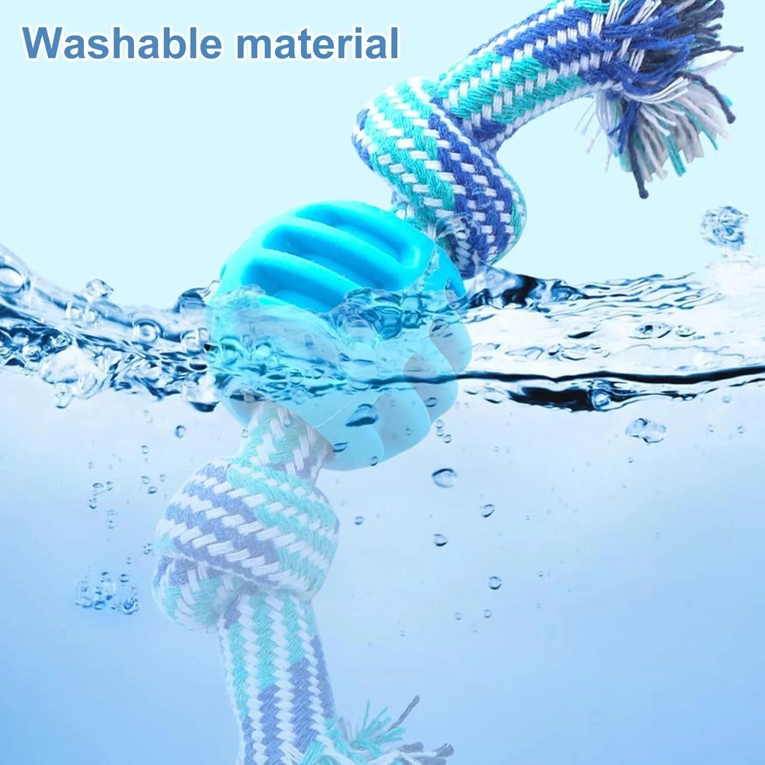 Blue dog chew toy with rope elements for dental cleaning and oral health protection