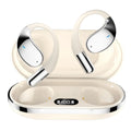 Beige and black portable sports Bluetooth earphones with over-ear hook design on a white background.
