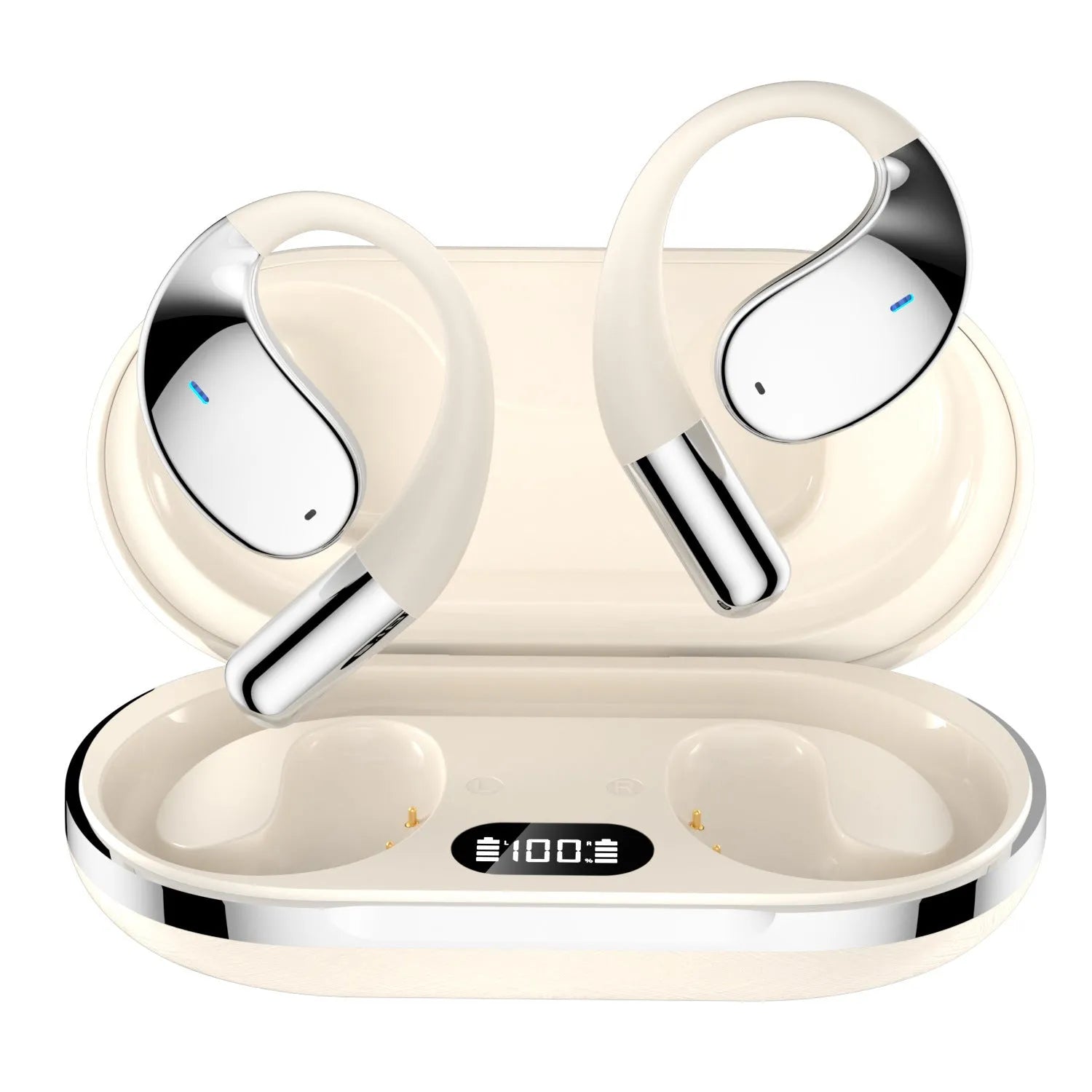 Beige and black portable sports Bluetooth earphones with over-ear hook design on a white background.