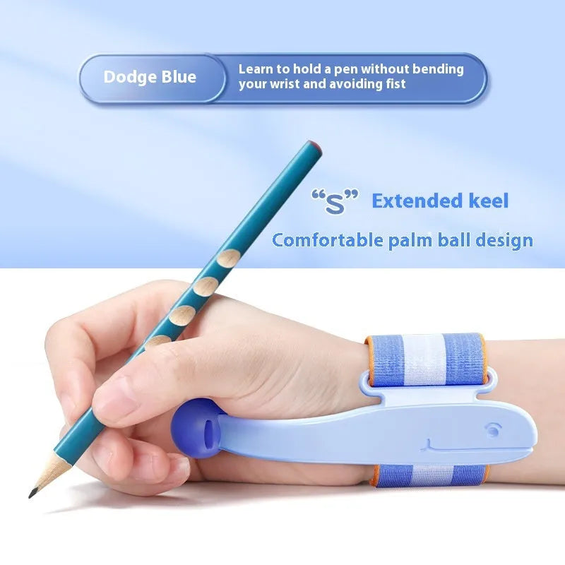 Blue Anti-hook Holder Pen Control Corrector, a wrist brace and pencil grip for children's handwriting.