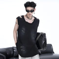 Men's black sleeveless vest t-shirt with ripped irregular cutting design showing round neck collar and cotton blend fabric