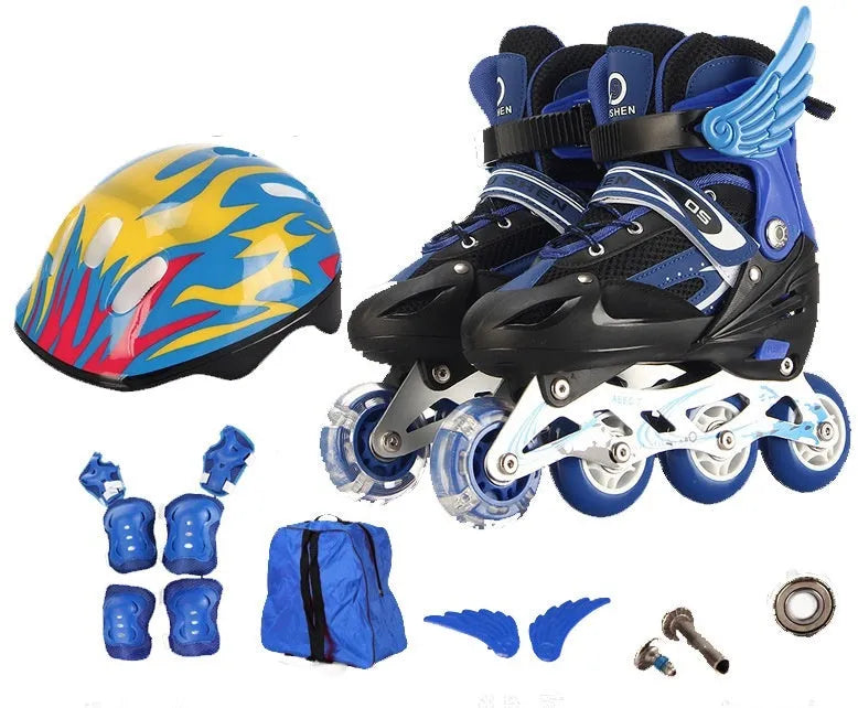 Children's adjustable roller skates with aluminium frame and PU foam wheels in various colours, shown with protective gear and backpack
