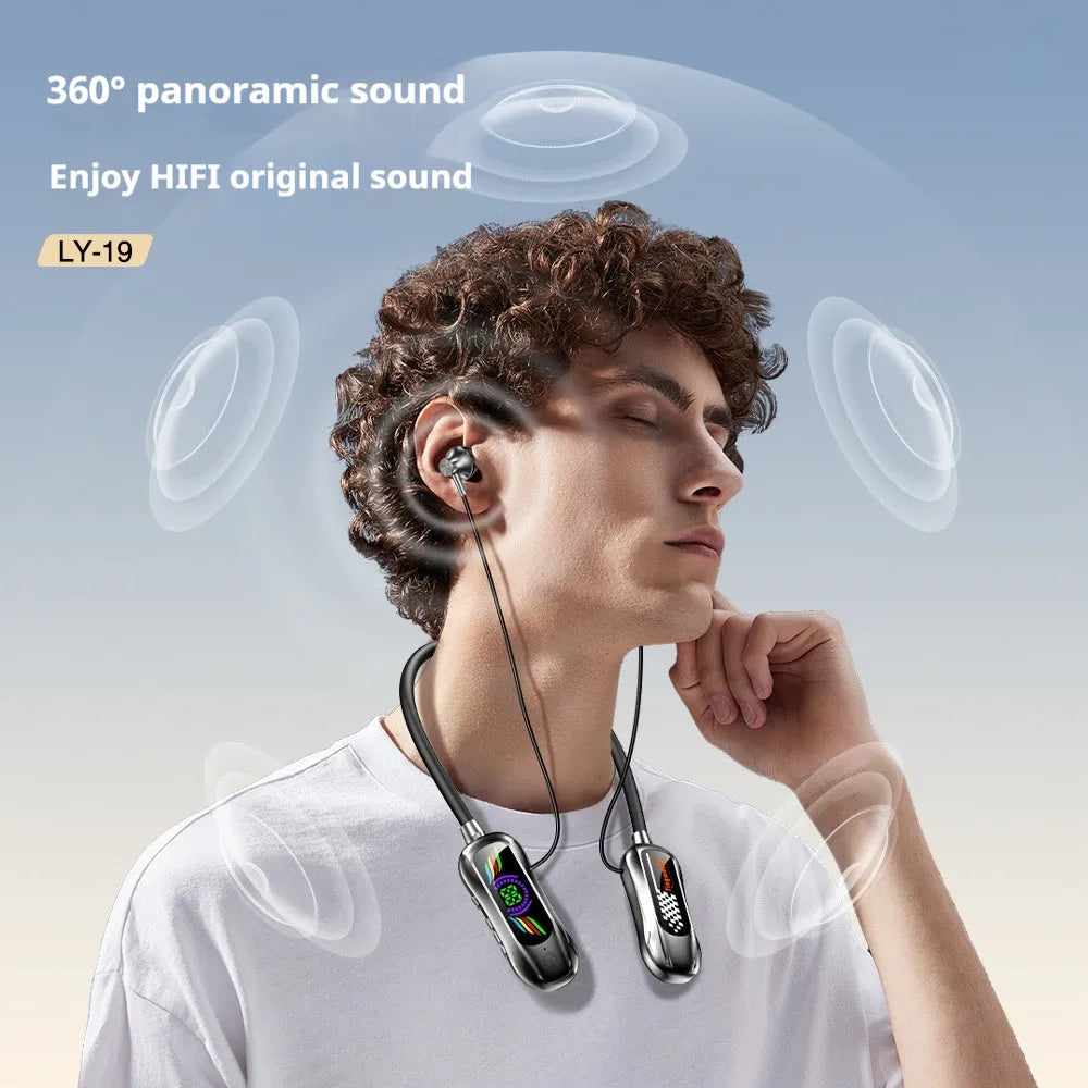 Neck-mounted Bluetooth headset in sports style, ABS TPE construction, digital display, 10m range, colour blue
