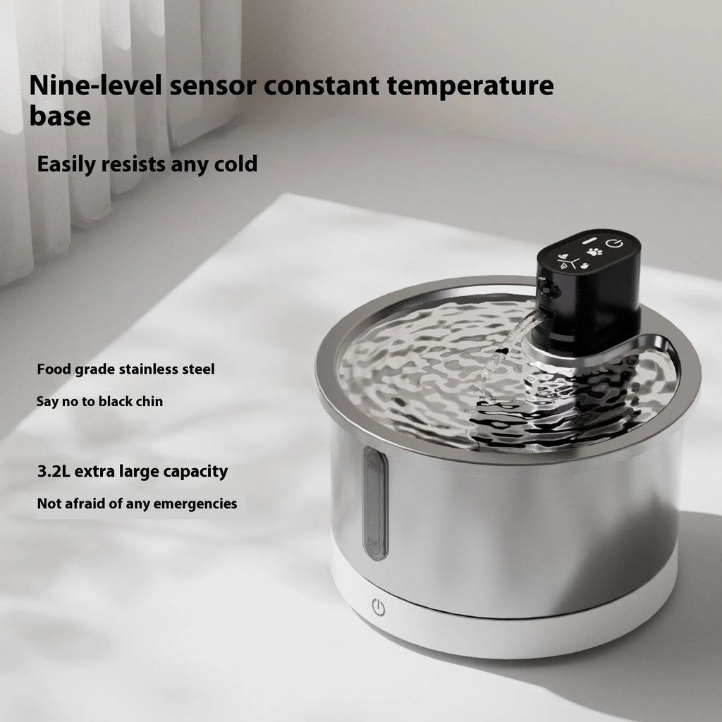 Stainless steel pet water fountain with digital temperature base for cats and dogs