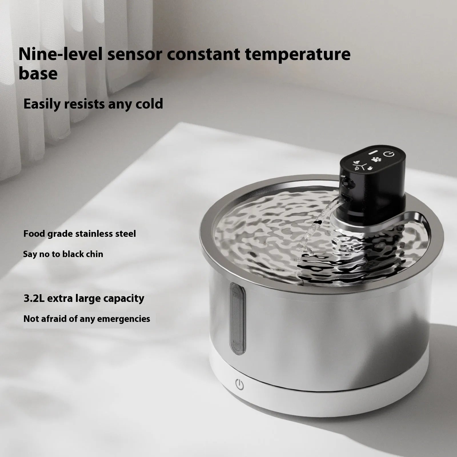Stainless steel pet water fountain with digital temperature base for cats and dogs