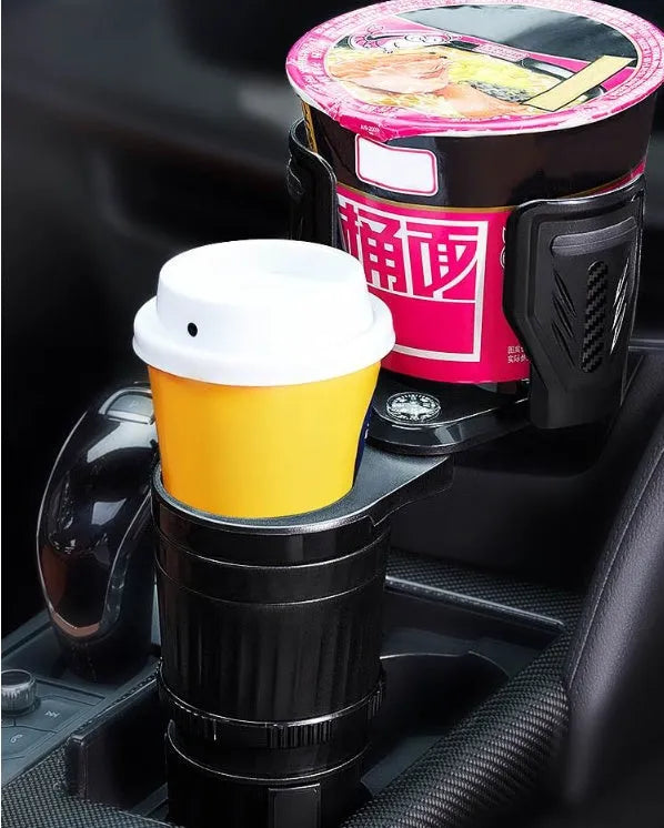 Black retractable car cup holder made of ABS plastic with adjustable base.