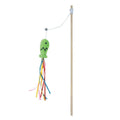 Colourful cat wand toy with ribbons, catnip fish, and bell on wooden handle