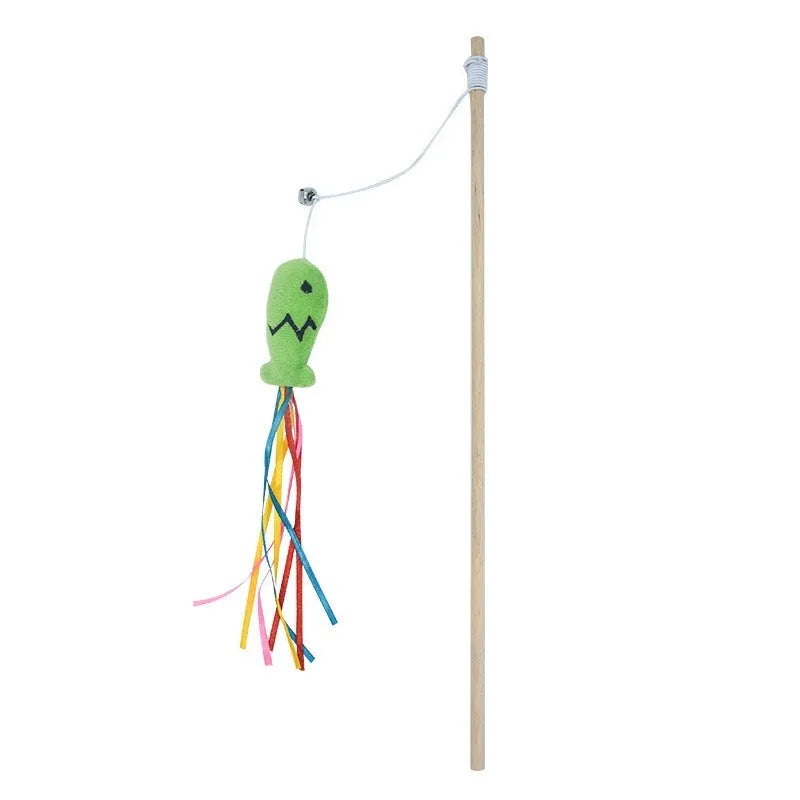 Colourful cat wand toy with ribbons, catnip fish, and bell on wooden handle