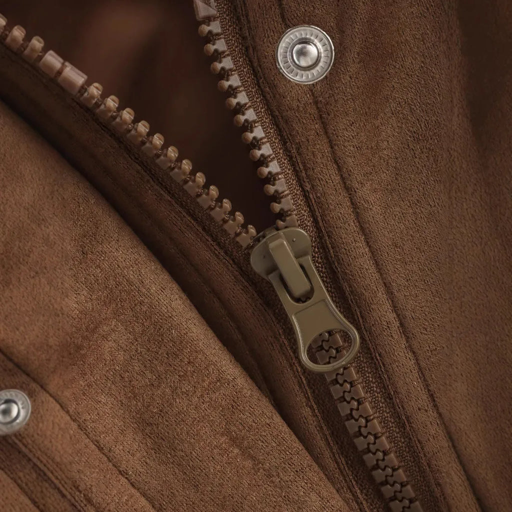 Casual suede textured jacket with pocket decoration, loose fit, long sleeves, brown and khaki colours, front view