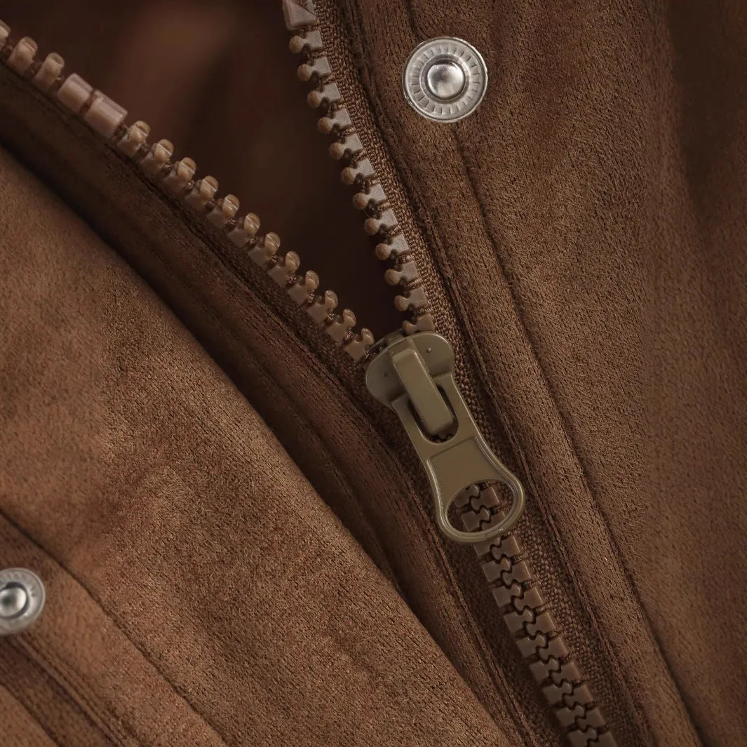 Casual suede textured jacket with pocket decoration, loose fit, long sleeves, brown and khaki colours, front view