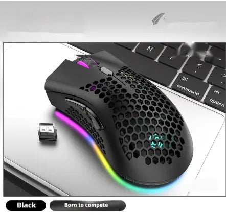Hollow-out luminous wireless gaming mouse in cyan, black, or white colours with USB receiver