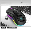 Hollow-out luminous wireless gaming mouse in cyan, black, or white colours with USB receiver