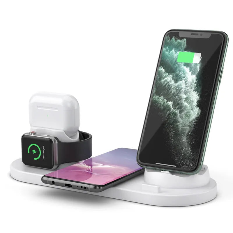 Black and white wireless charging station with phone holder showing multiple device charging pads