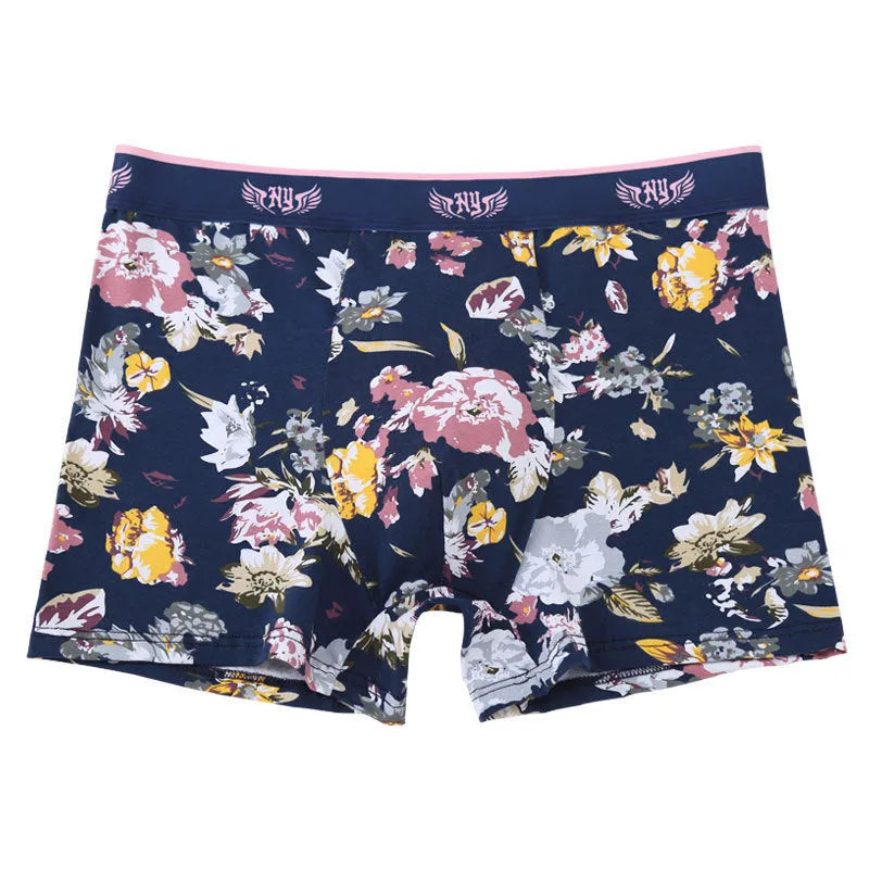 Men's purified cotton boxer shorts in a floral pattern, showing mid-waist fit and U-shaped pouch design.
