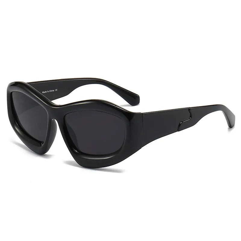 Unisex concave shape sunglasses with black frame and black grey lens, bubble style design for outdoor use