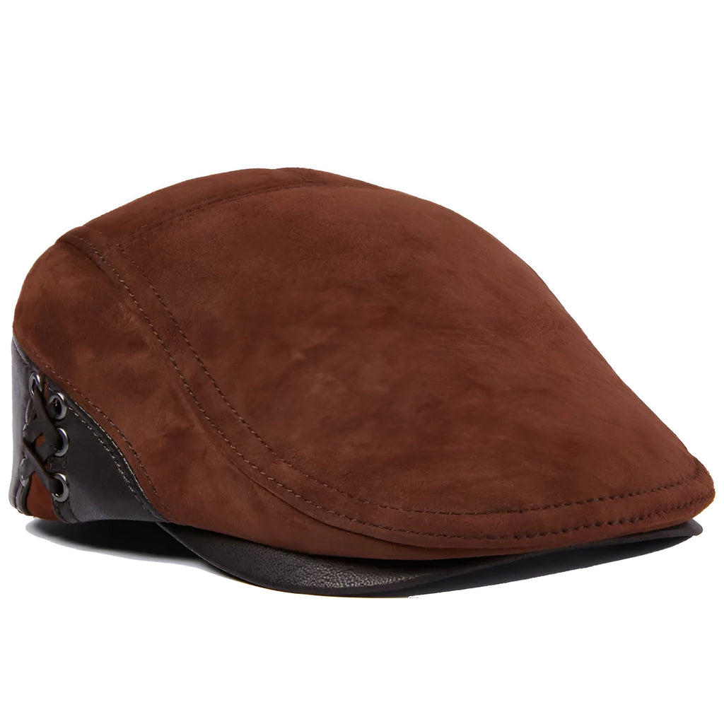 Men's cowhide leather beret peaked cap in dark brown with short brim on a neutral background