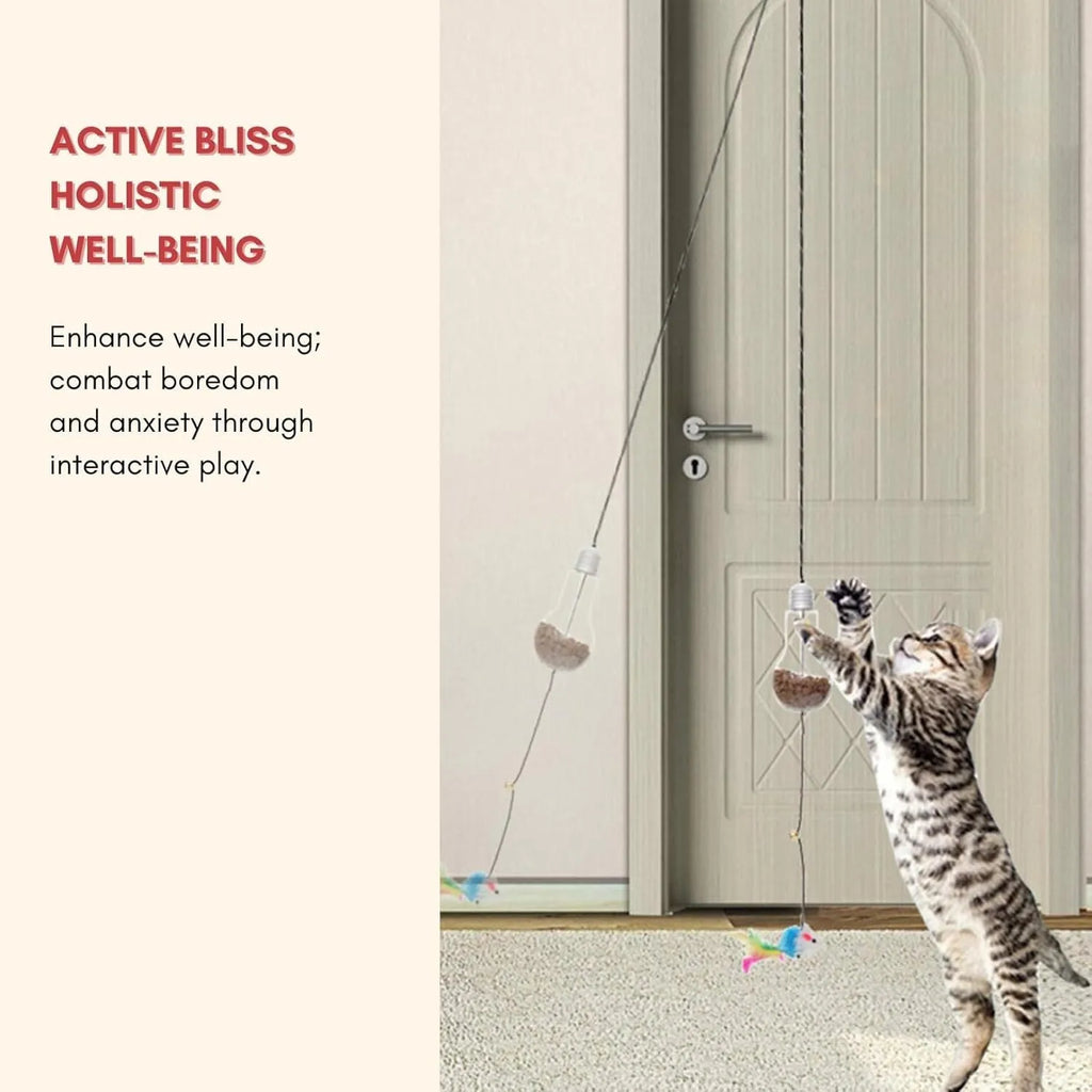 Grey and yellow interactive cat teaser toy with retractable rope, treat bulb, and dangling mouse, hanging from a door frame.