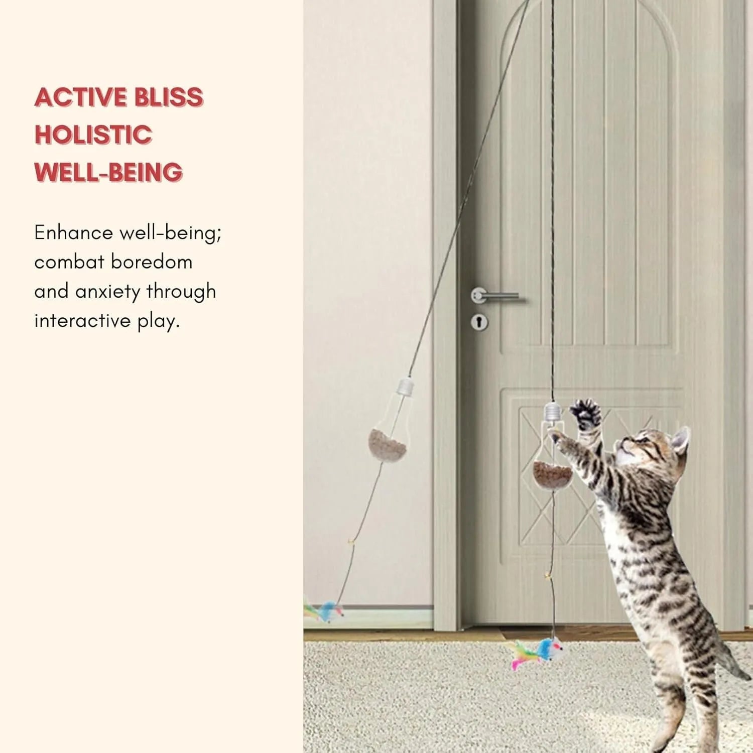 Grey and yellow interactive cat teaser toy with retractable rope, treat bulb, and dangling mouse, hanging from a door frame.