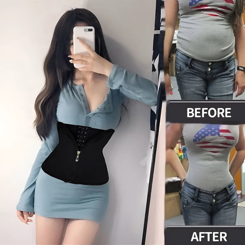 Neoprene waist trainer corset in black with adjustable closure for tummy control during yoga and running