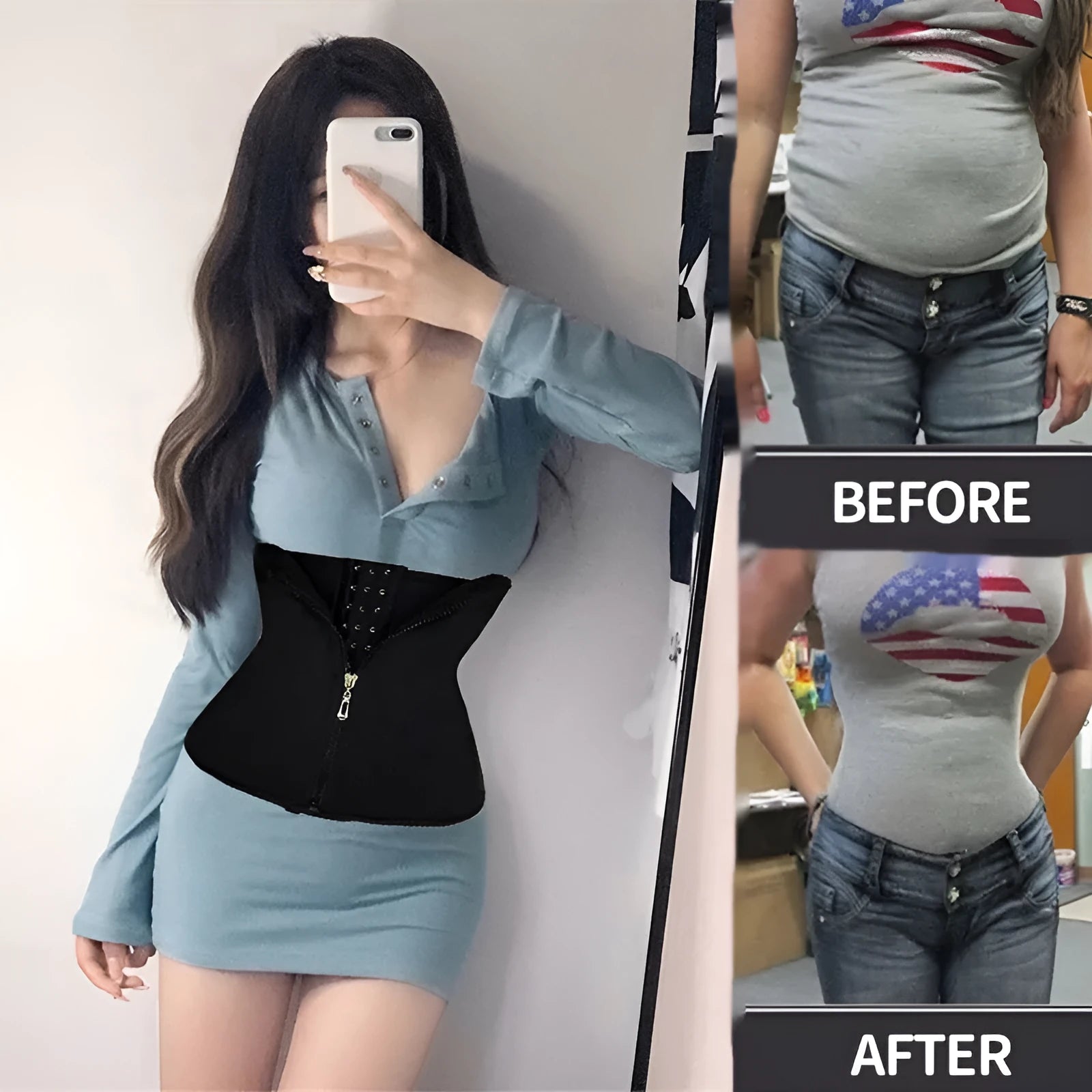 Neoprene waist trainer corset in black with adjustable closure for tummy control during yoga and running