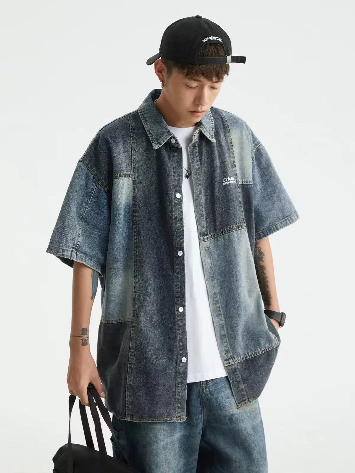 Blue Japanese-style denim shirt for men with washed stitching and loose cardigan fit