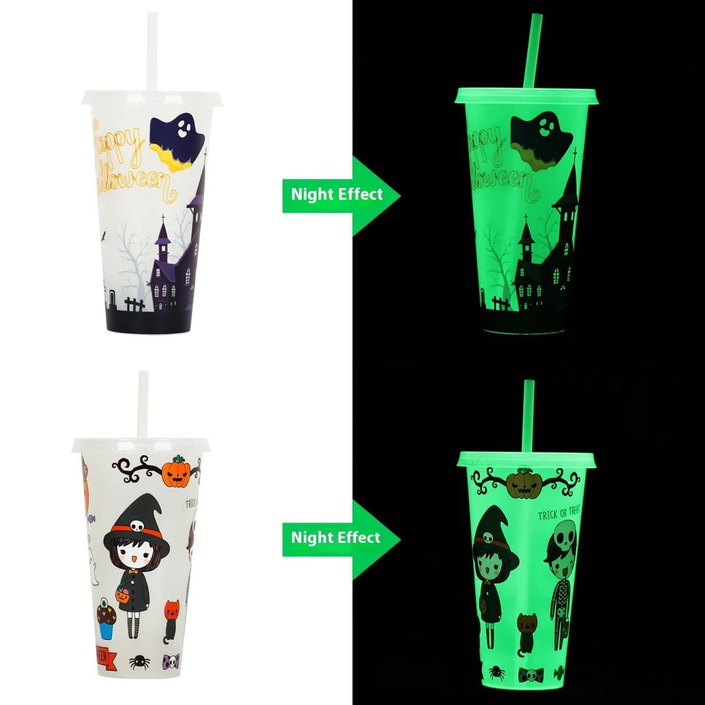 A luminous Halloween-themed plastic sippy cup with a straw, showing its 720ml cylindrical shape.