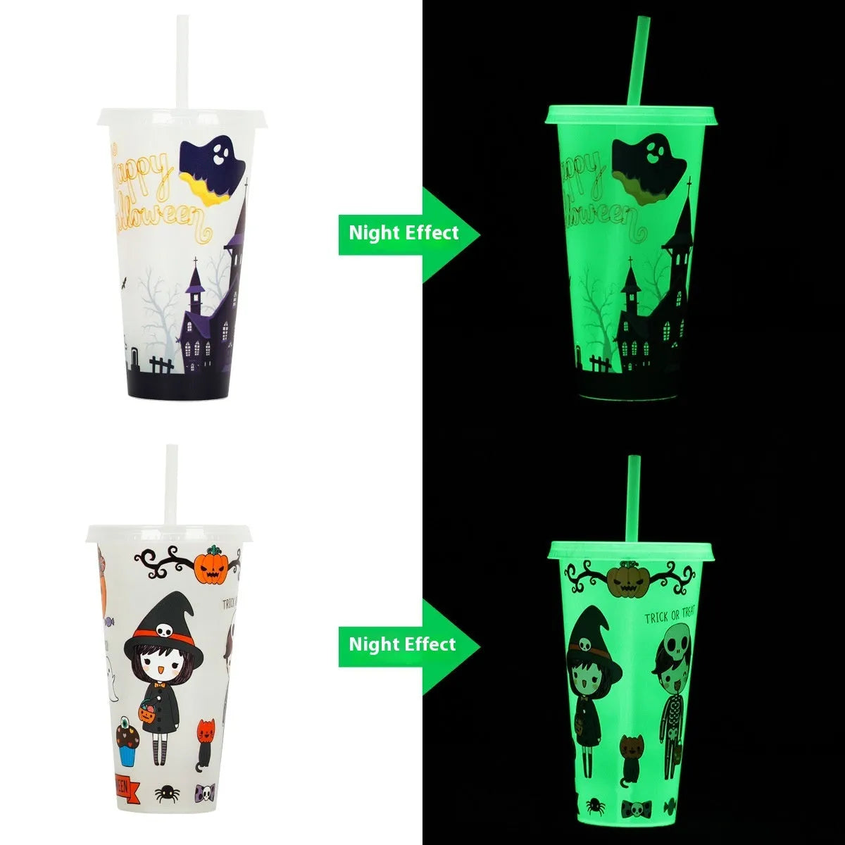 A luminous Halloween-themed plastic sippy cup with a straw, showing its 720ml cylindrical shape.