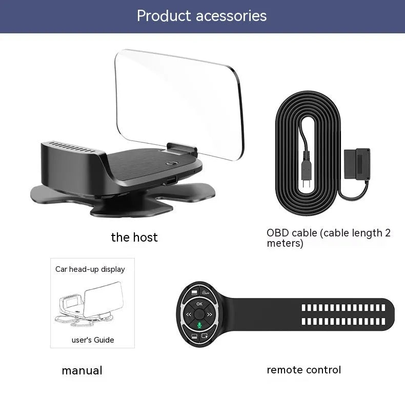 Black HUD head-up display with HD speed projection and OBD power cable for universal car fit