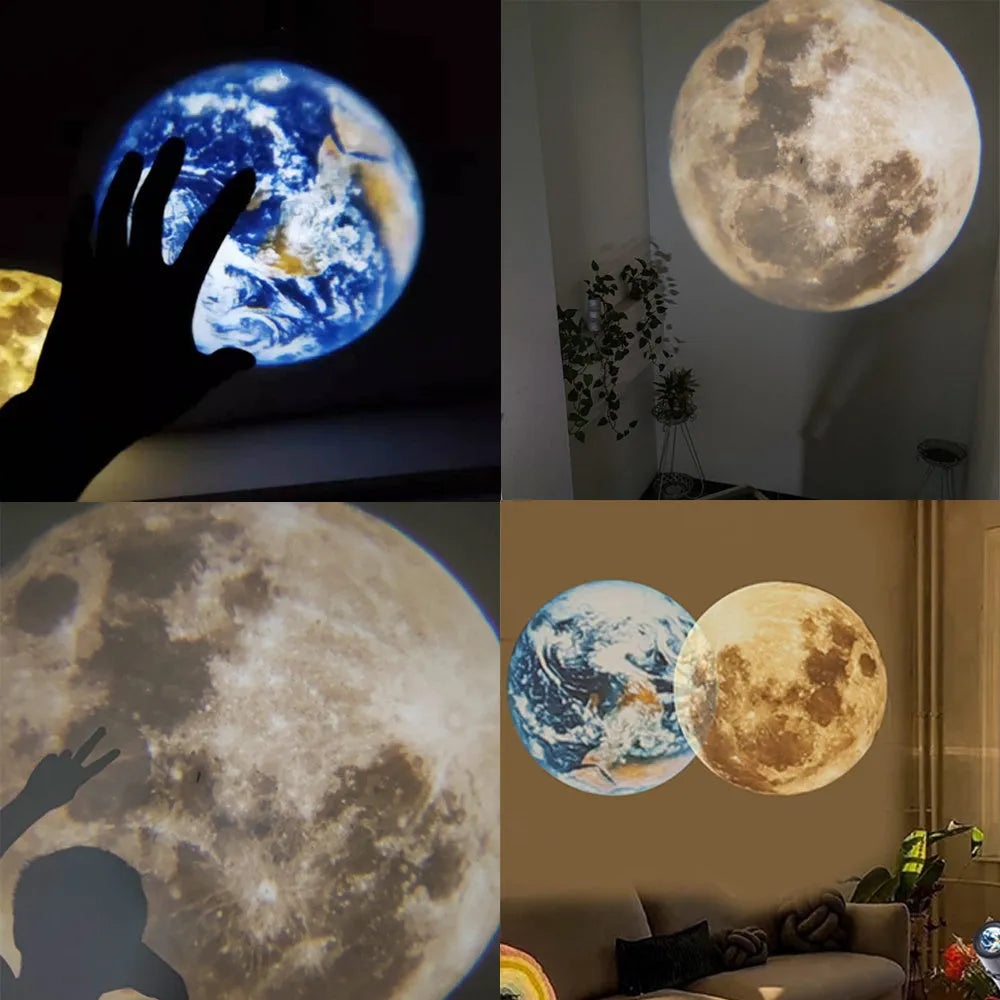 Star projector night light showing earth projection, with flexible hose bracket and USB cable.