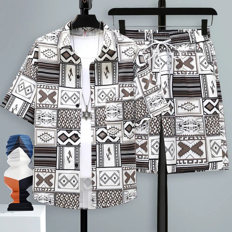 Men's grey casual short sleeve top and matching shorts two-piece set on a hanger.