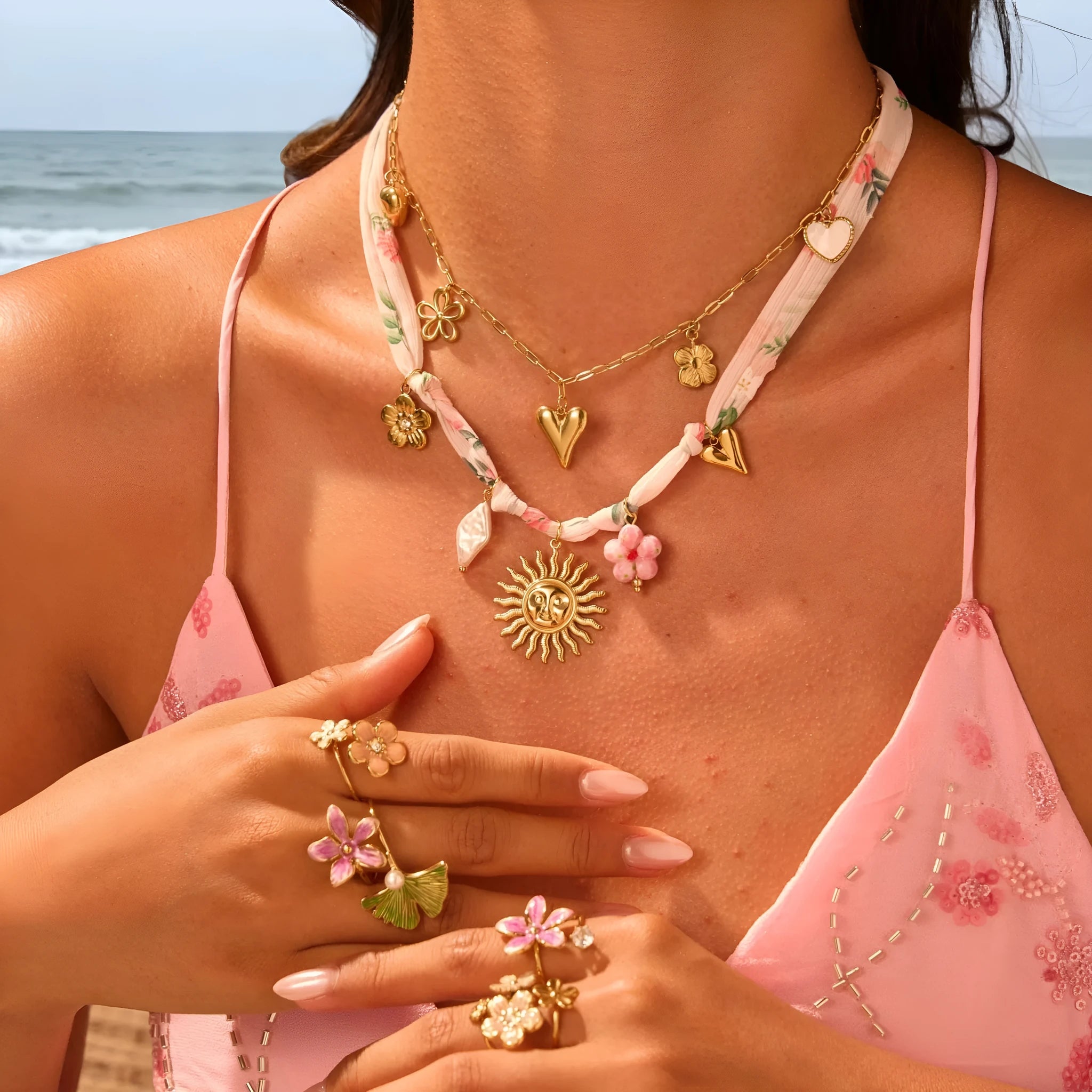 Women's stainless steel sun pendant necklace with 18K electroplating on adjustable 41-50cm chain