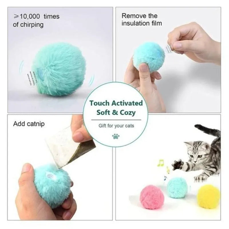 Blue, pink, and yellow electronic interactive toy ball for cats and dogs with animal sound activation.