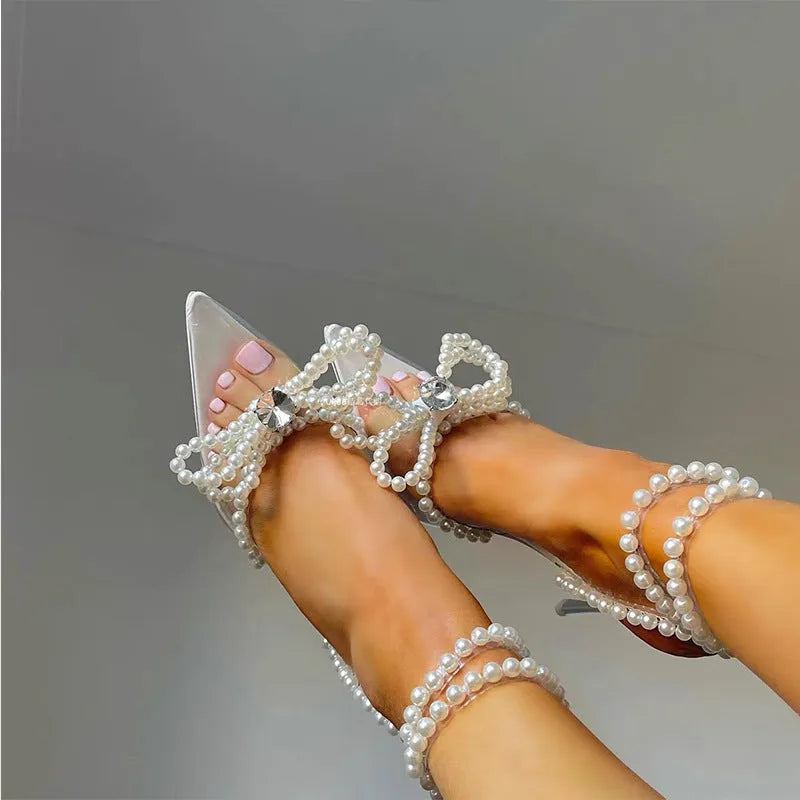 Silver women's transparent crystal pearl bow head sandals with pointed toe and low heel, size 35-42