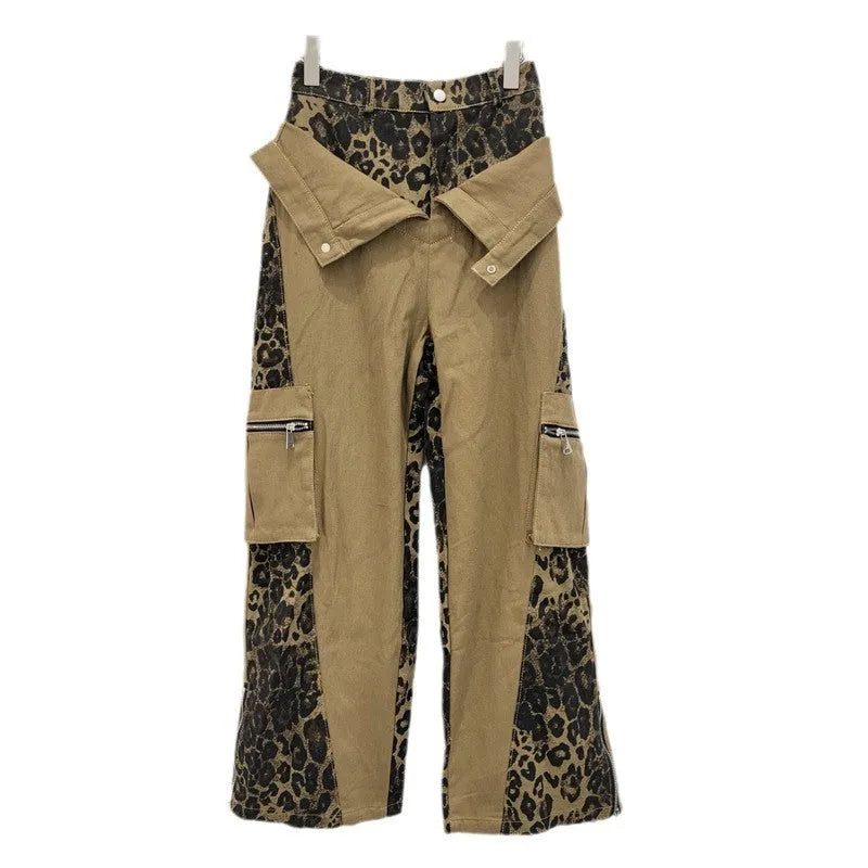Dark khaki leopard print high-waist jeans with contrast stitching and straight leg.