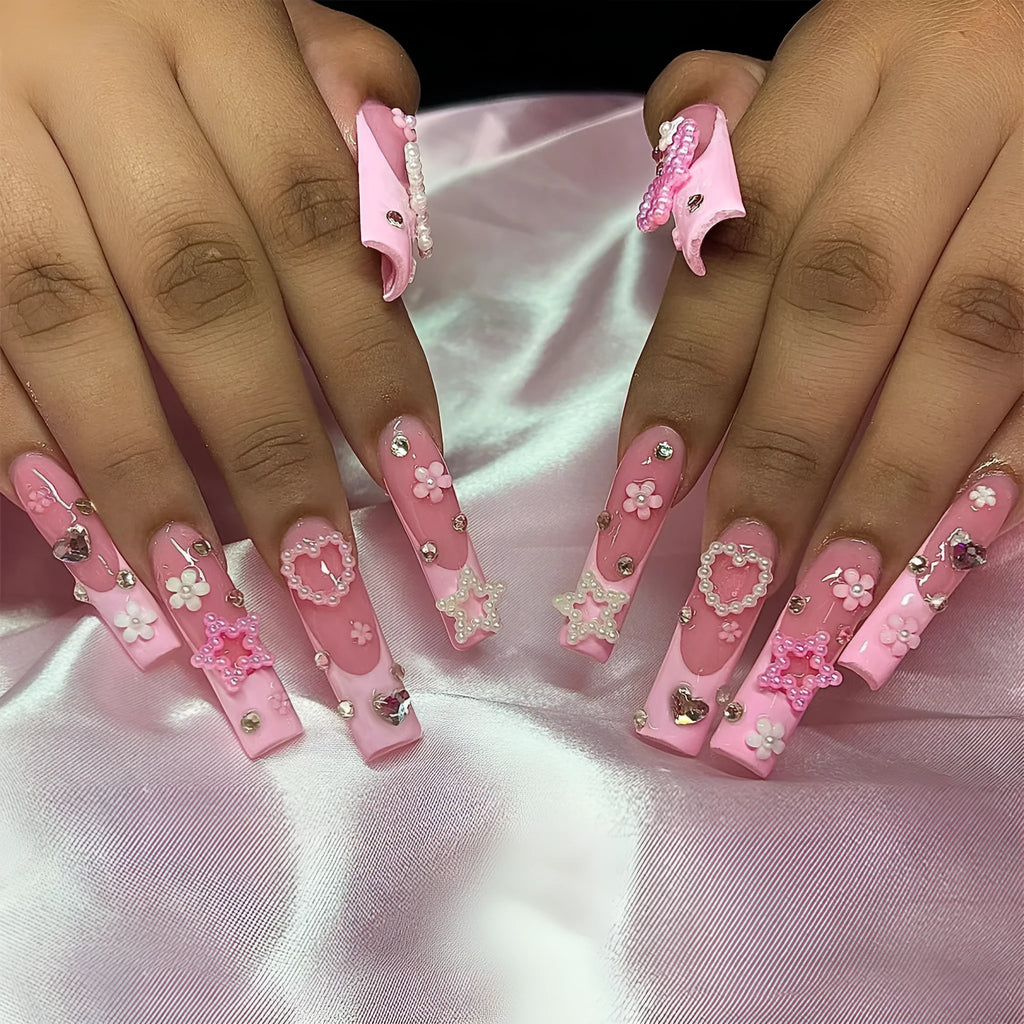 French style artificial nails with blue water pipe pattern, colour XB-70-48.