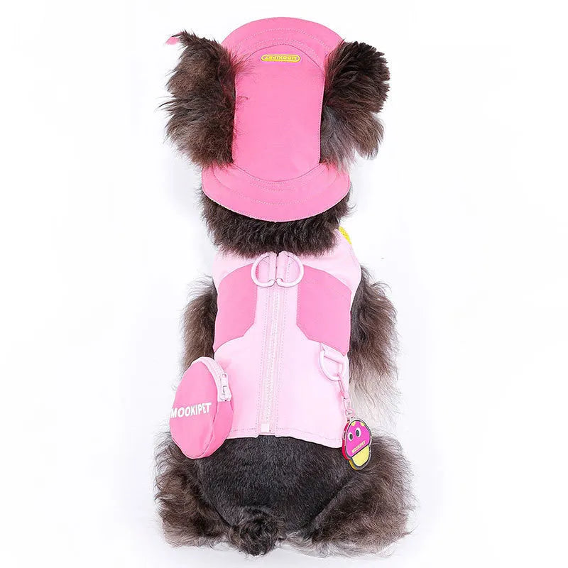 Pink polyester pet vest for small breed dogs on mannequin showing casual design