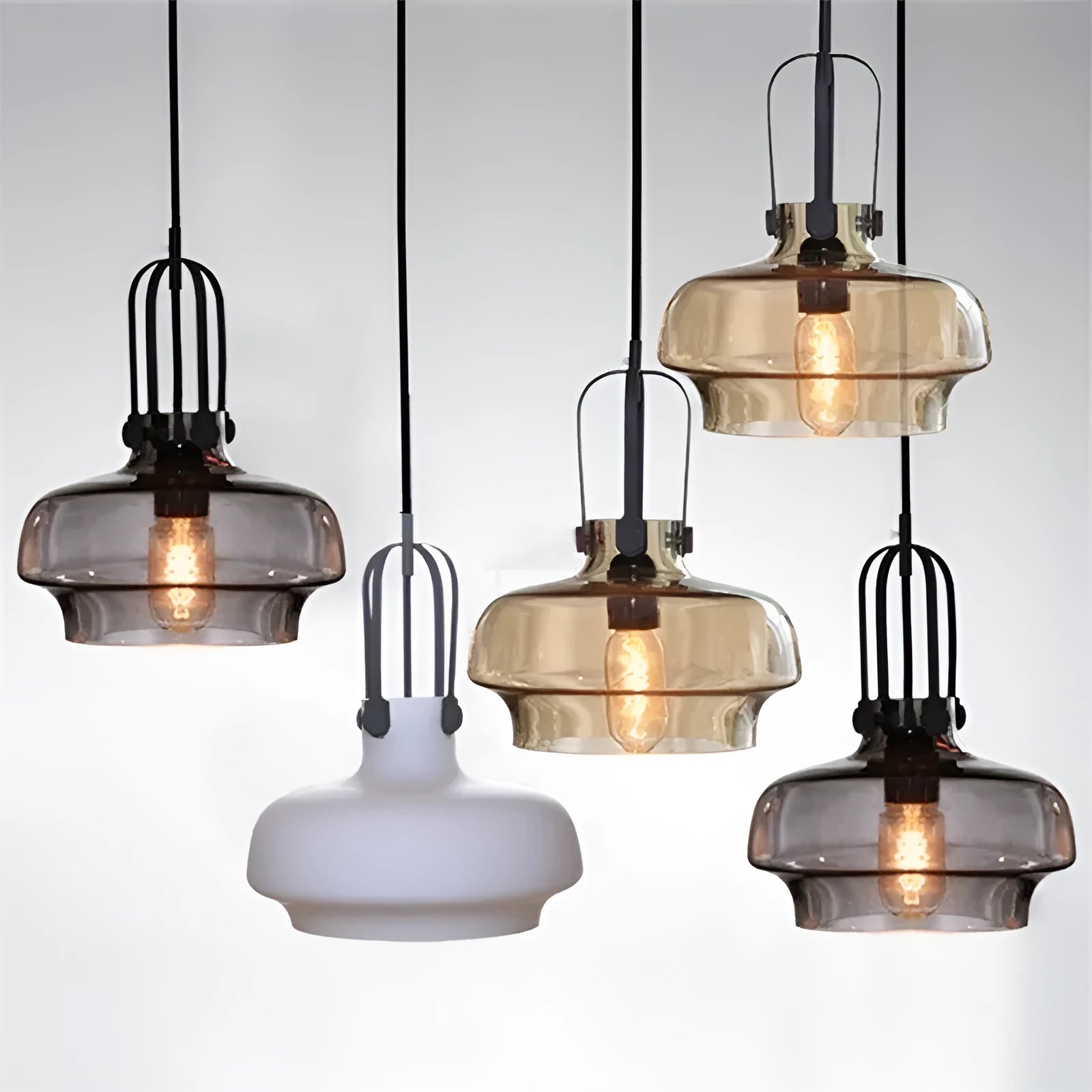 Retro industrial glass chandelier in warm light with transparent shade, 33cm diameter