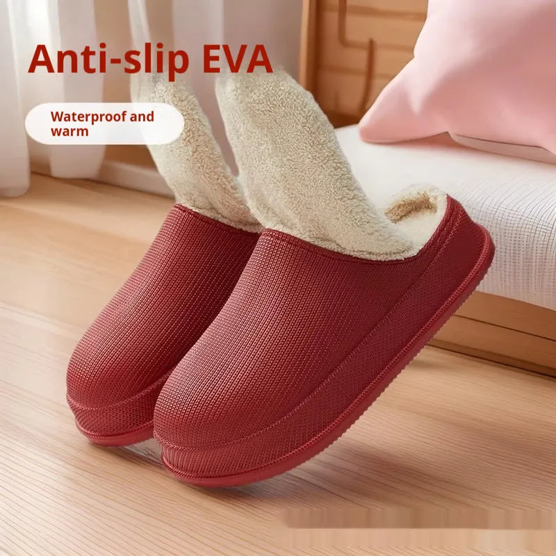 EVA waterproof warm slippers with toe cap and shock absorption in solid colour, side view showing mid heel and thick sole