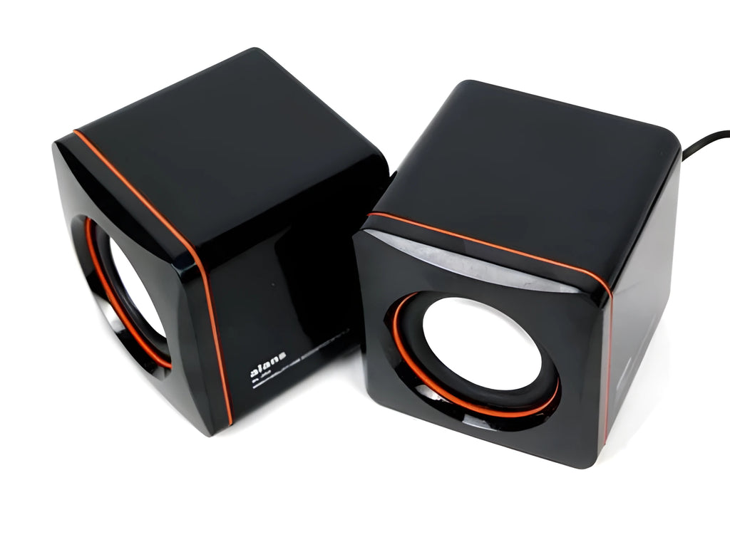 Black square USB-powered 2.0 computer speaker for desktop audio enhancement