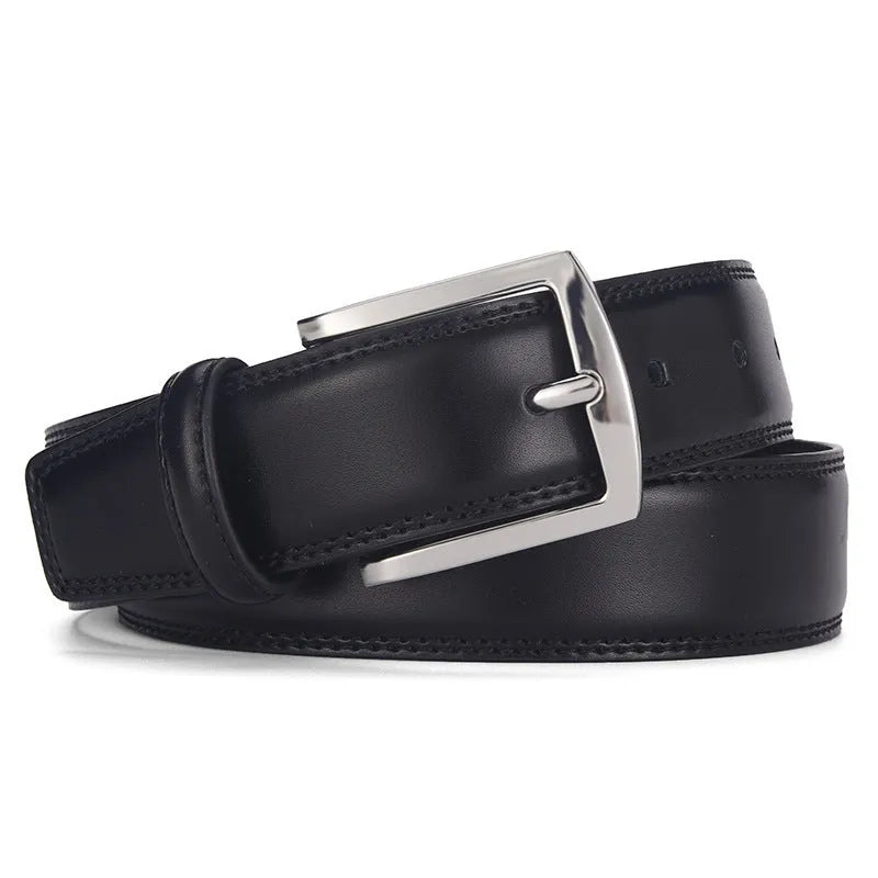 Men's leather belt with pin buckle in genuine cowhide leather showing colour variations