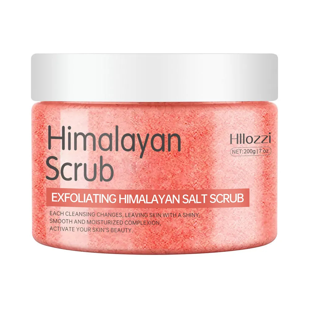 200g Himalayan salt body scrub cream in a white jar with label showing four variety options