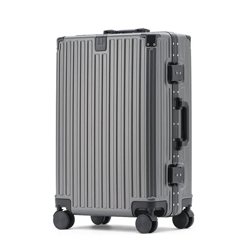 Aluminium frame trolley suitcase in avocado green with wheels and a USB port.