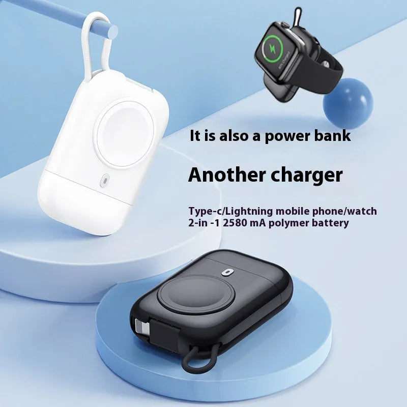 Three-in-one magnetic wireless charger power bank in black, compact 66x43x16mm with Type-C port