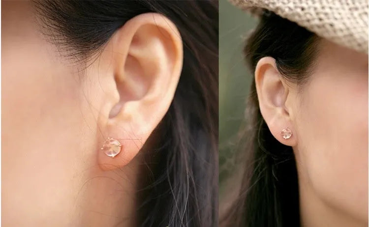 Women's rose gold drop shape stud earrings with crystal inlay detailing in Korean style