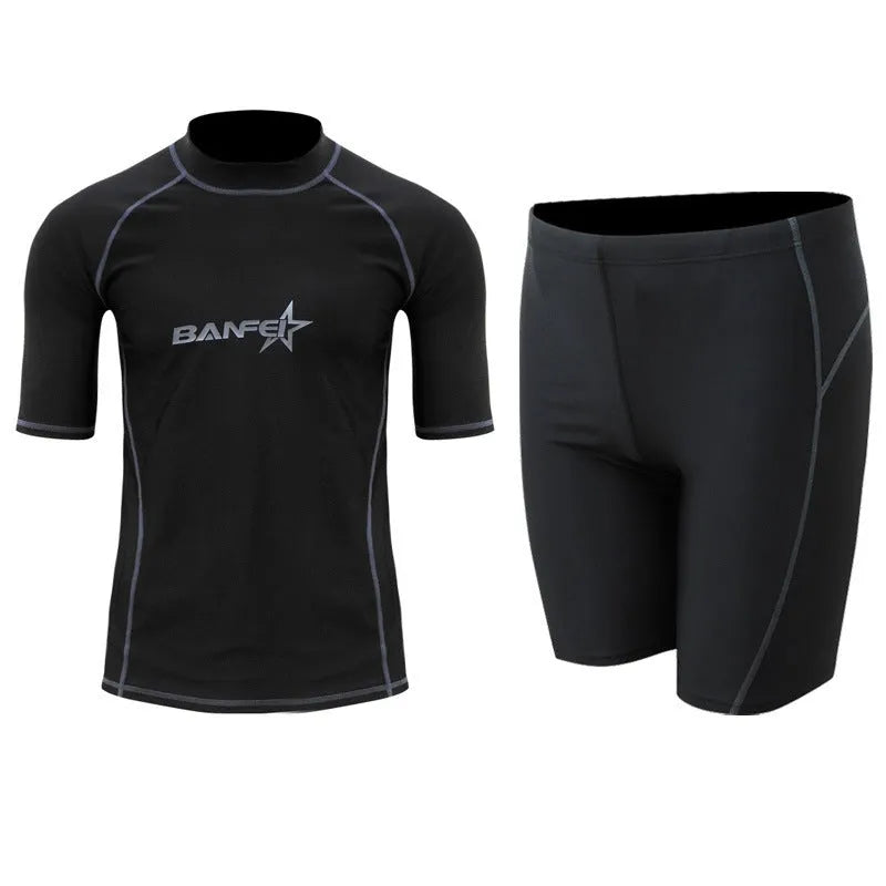 Men's quick-drying half sleeve swim top and pant set in nylon fabric on a white background.
