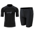 Men's quick-drying half sleeve swim top and pant set in nylon fabric on a white background.