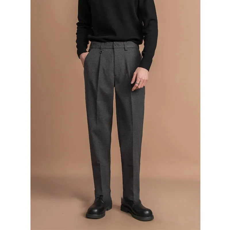 Men's straight-leg drape cut trousers in black, dark gray, khaki, and brown colours