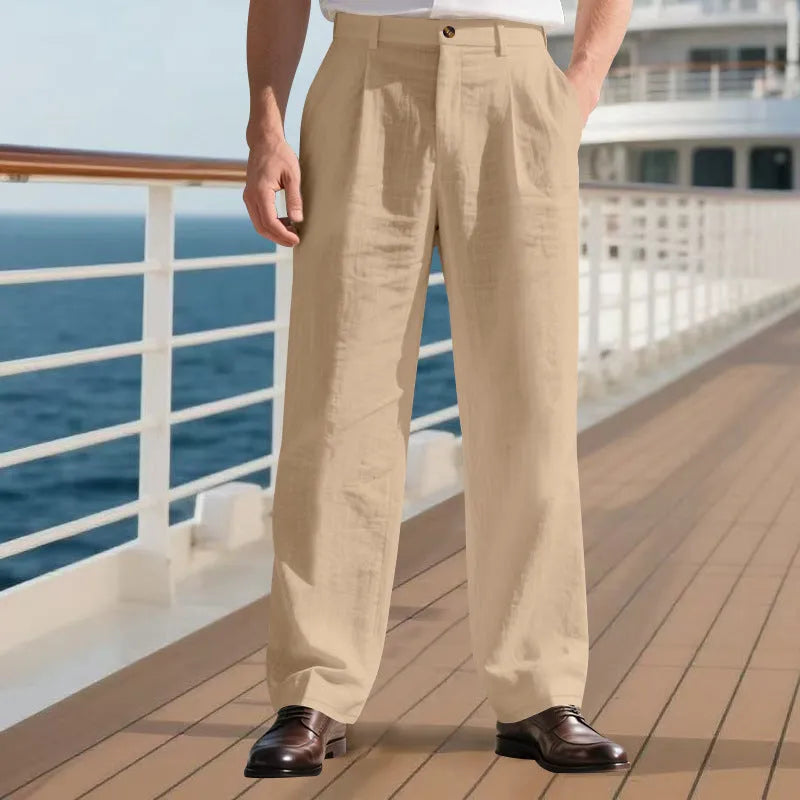 Straight leg linen blend trousers in dark gray on a model, mid-waist, zip placket, loose fit daily wear