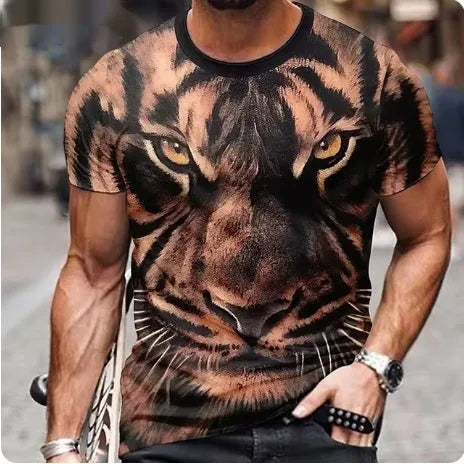 Men's black t-shirt with a large raised 3D print of a fierce lion's head on the front.