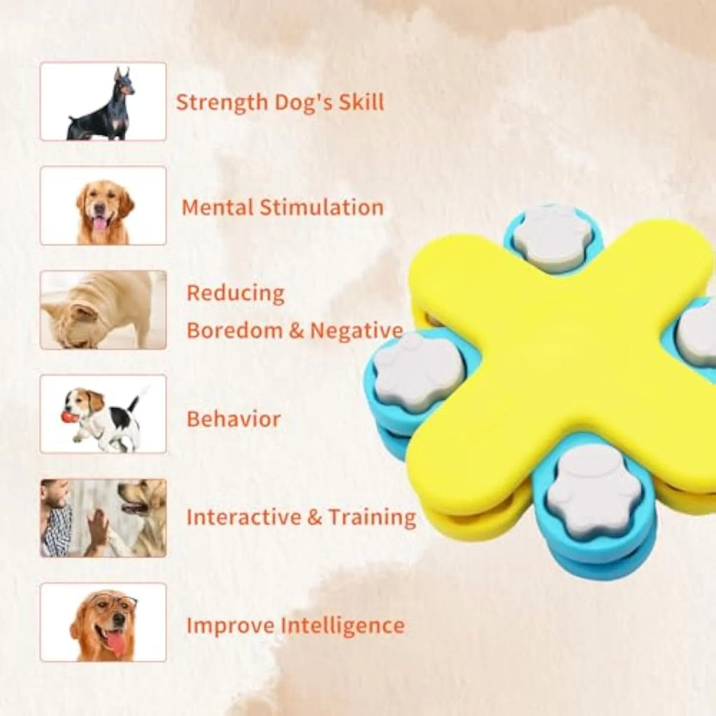 Yellow interactive dog puzzle feeder toy with rotating lids on a non-slip base